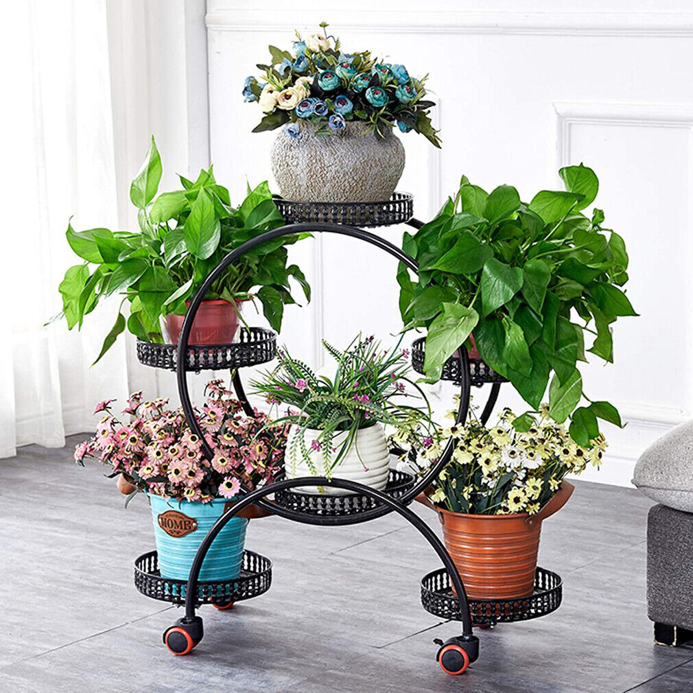 Gardening Accessories: Metal Plant Stand Rack 4Tier Indoor Flower Pot Stand with Wheels for Living Room