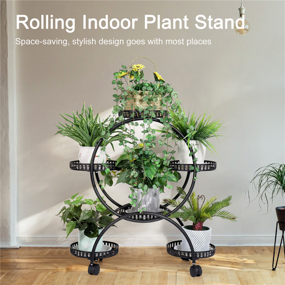Gardening Accessories: Metal Plant Stand Rack 4Tier Indoor Flower Pot Stand with Wheels for Living Room