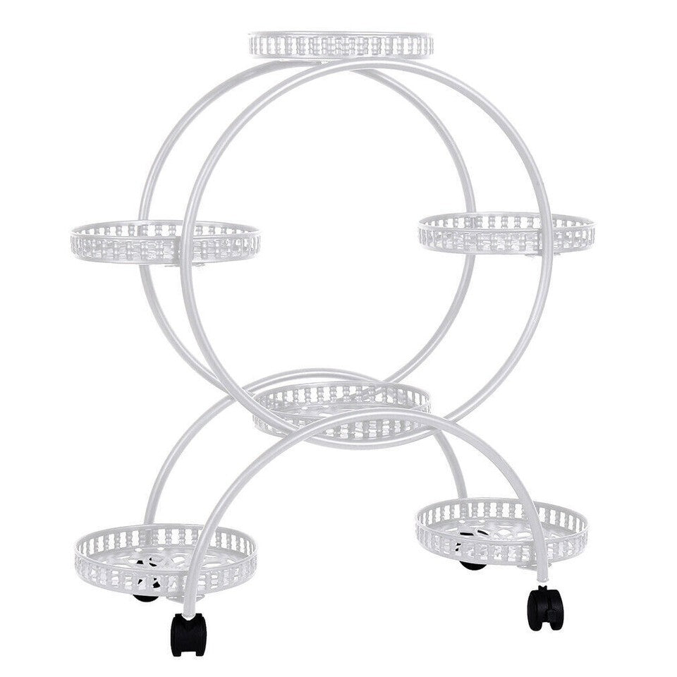 Gardening Accessories: Fin White Metal Plant Stand 6-Potted Flower Pot Holder W Wheels 4 Tier Display Shelf