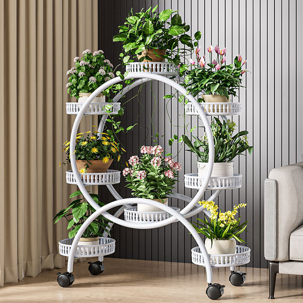 Gardening Accessories: Fin White Metal Plant Stand 6-Potted Flower Pot Holder W Wheels 4 Tier Display Shelf