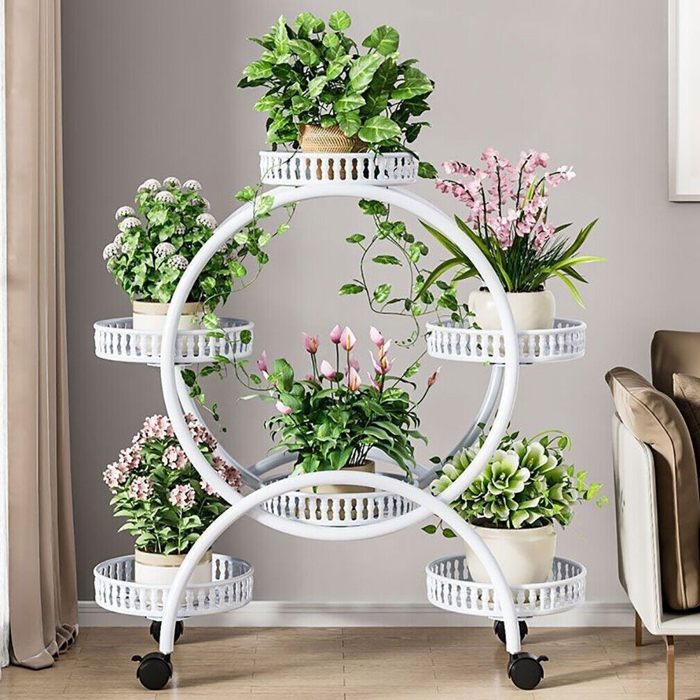Gardening Accessories: Fin White Metal Plant Stand 6-Potted Flower Pot Holder W Wheels 4 Tier Display Shelf