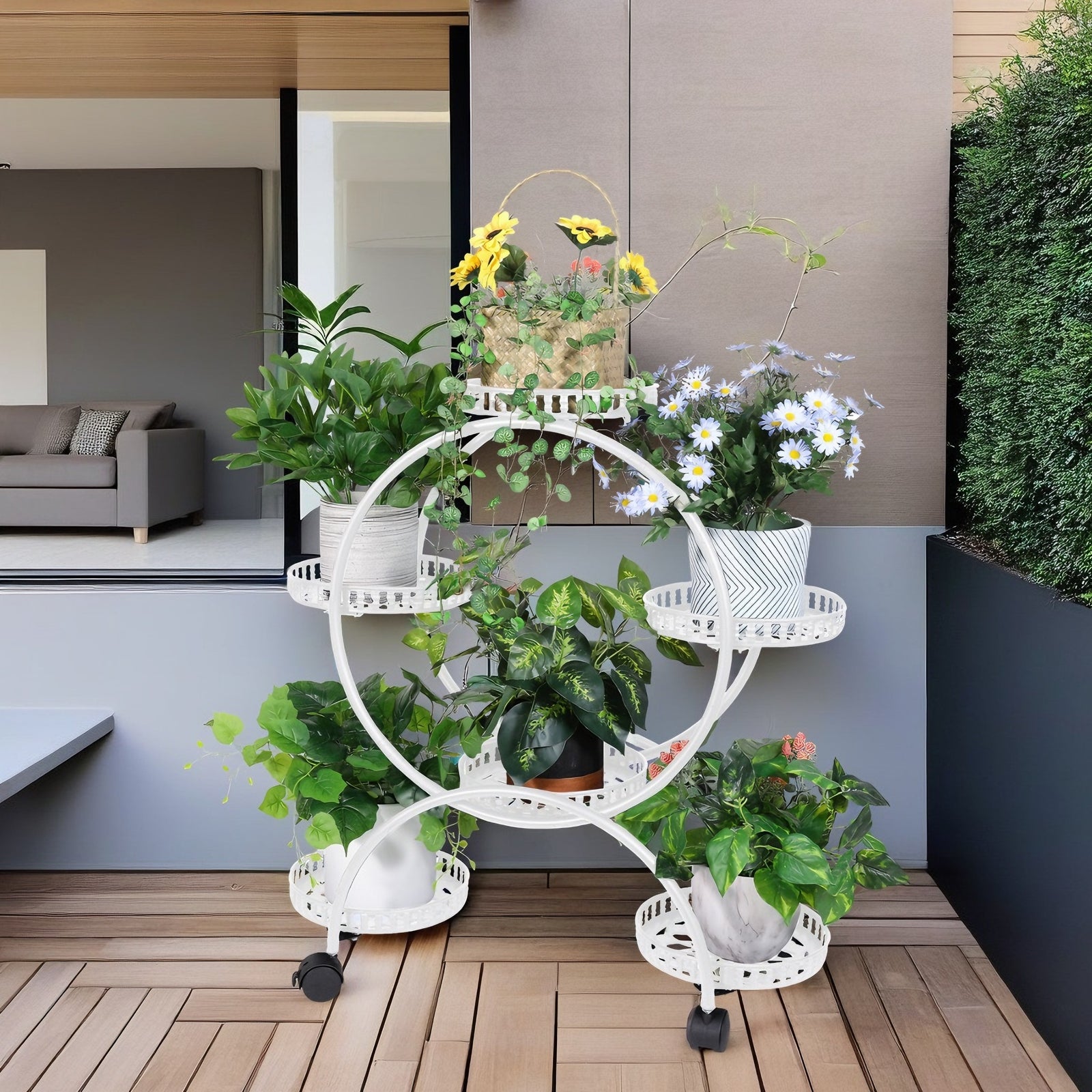 Gardening Accessories: Fin White Metal Plant Stand 6-Potted Flower Pot Holder W Wheels 4 Tier Display Shelf