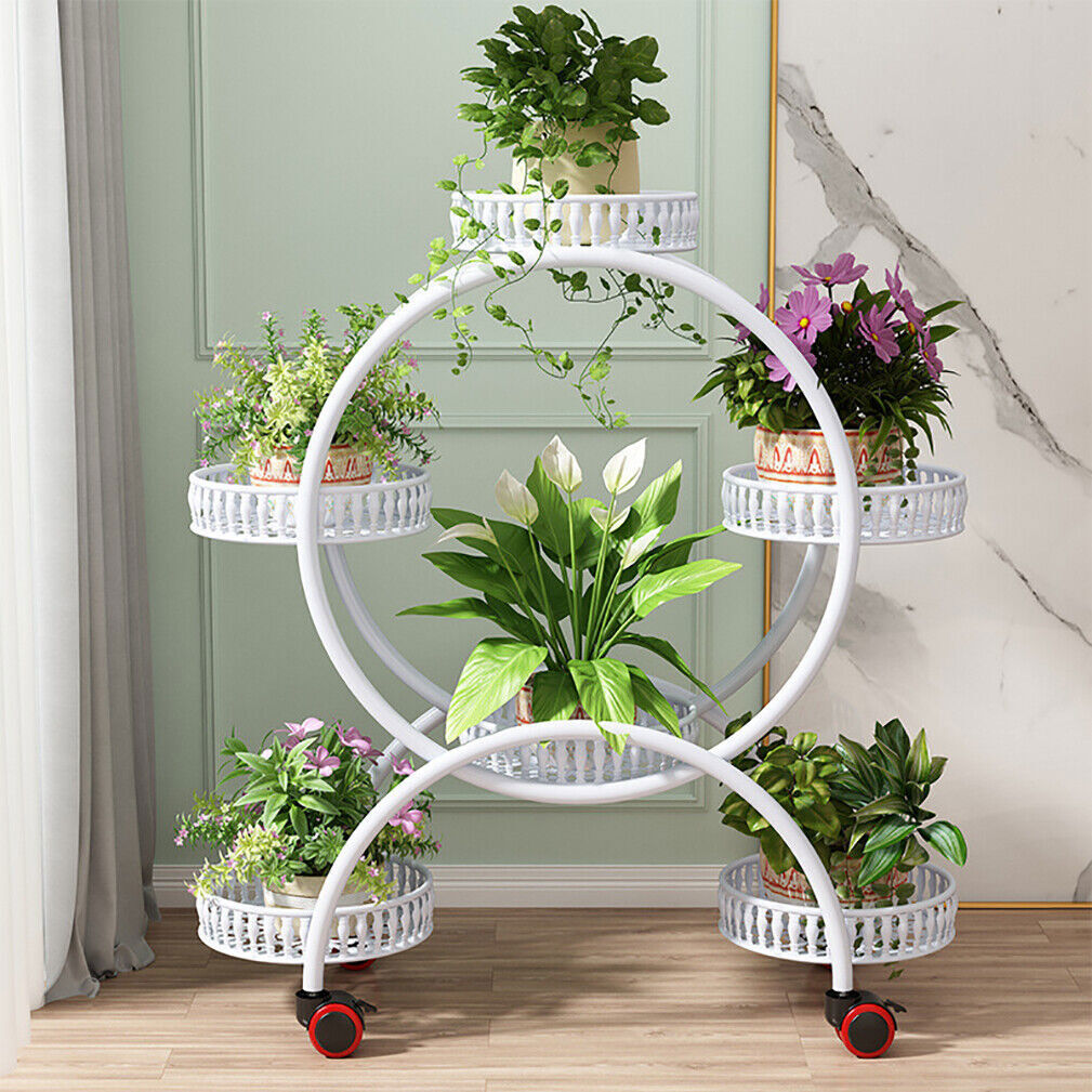Gardening Accessories: Fin White Metal Plant Stand 6-Potted Flower Pot Holder W Wheels 4 Tier Display Shelf