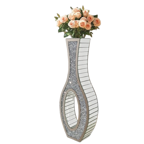 30-Inch Tall Double Sided Crushed Diamond Floor Vase Large Mirrored Silver Crystal DÃ©cor