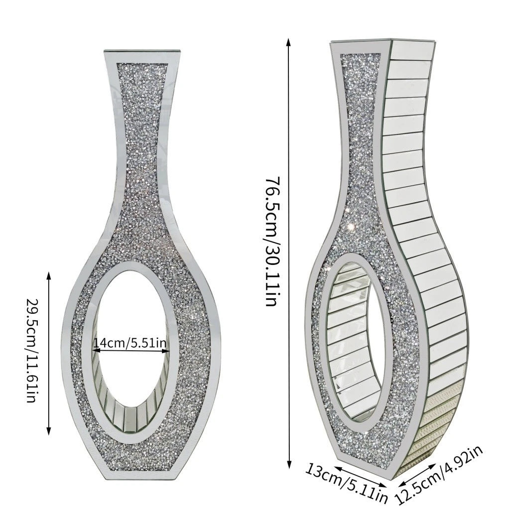 30-Inch Tall Double Sided Crushed Diamond Floor Vase Large Mirrored Silver Crystal DÃ©cor