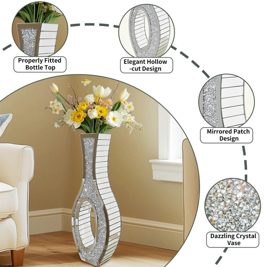 30-Inch Tall Double Sided Crushed Diamond Floor Vase Large Mirrored Silver Crystal DÃ©cor