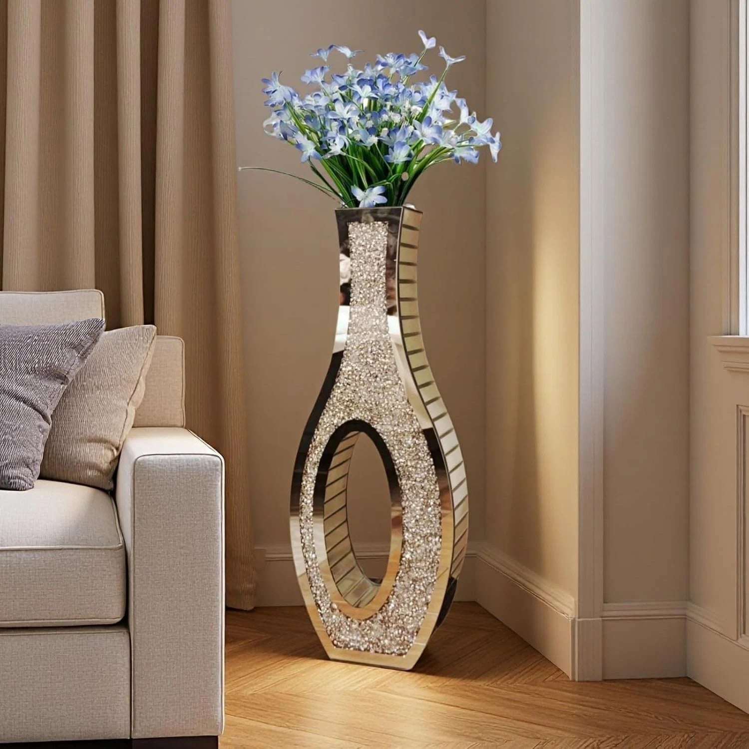 30-Inch Tall Double Sided Crushed Diamond Floor Vase Large Mirrored Silver Crystal DÃ©cor