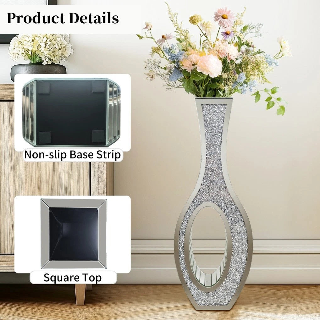 30-Inch Tall Double Sided Crushed Diamond Floor Vase Large Mirrored Silver Crystal DÃ©cor