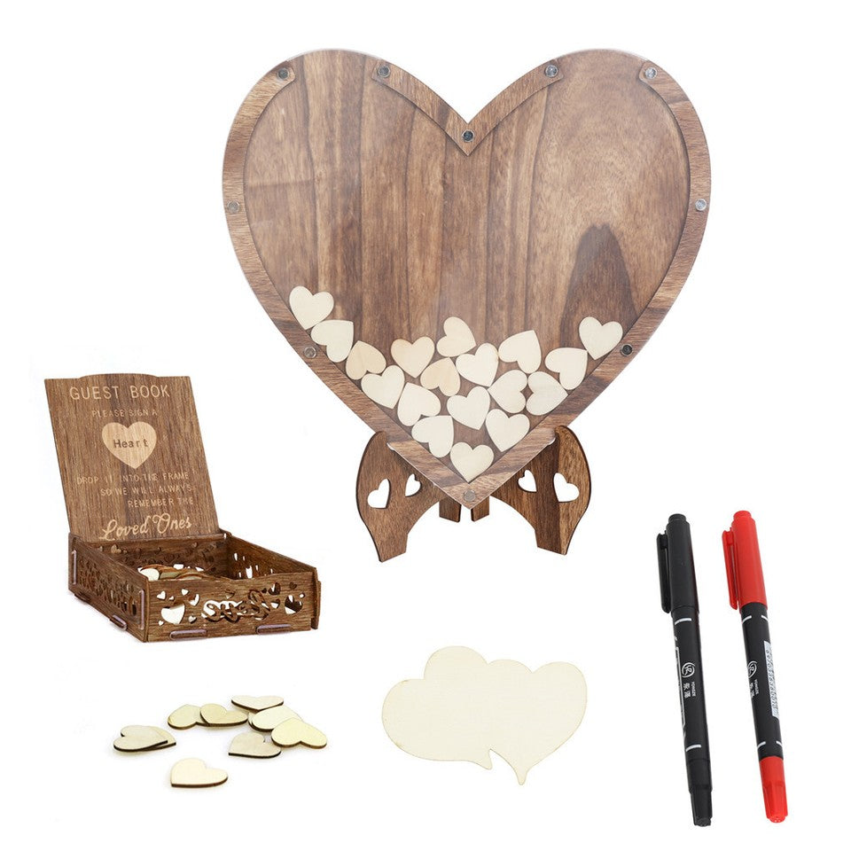 Other Wedding Decorations: Wedding Guest Book Alternative with Stand+Storage Box+88PCS Wooden Hearts+Pens