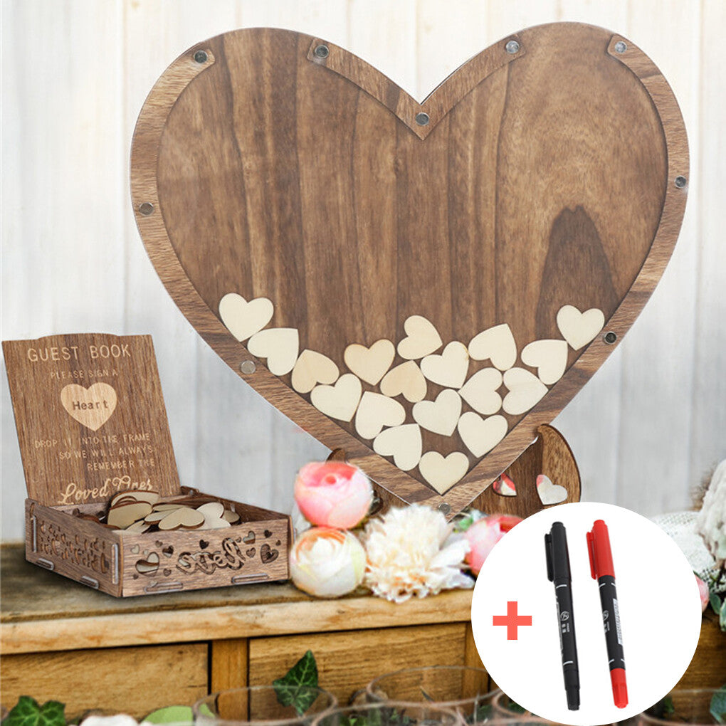 Other Wedding Decorations: Wedding Guest Book Alternative with Stand+Storage Box+88PCS Wooden Hearts+Pens