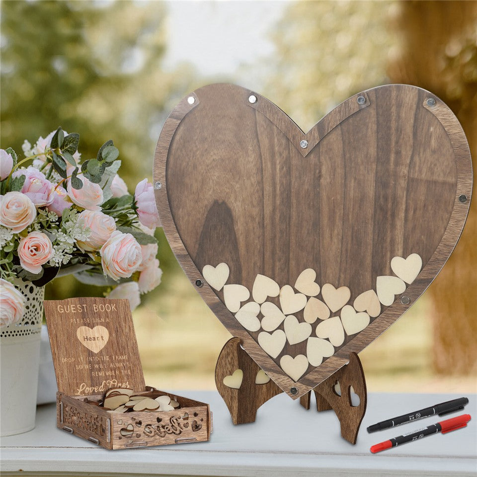 Other Wedding Decorations: Wedding Guest Book Alternative with Stand+Storage Box+88PCS Wooden Hearts+Pens
