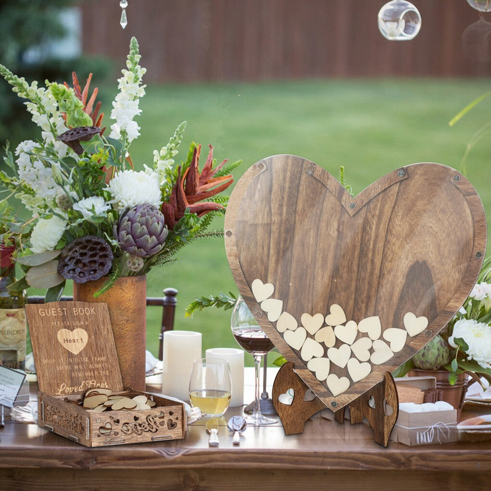 Other Wedding Decorations: Wedding Guest Book Alternative with Stand+Storage Box+88PCS Wooden Hearts+Pens