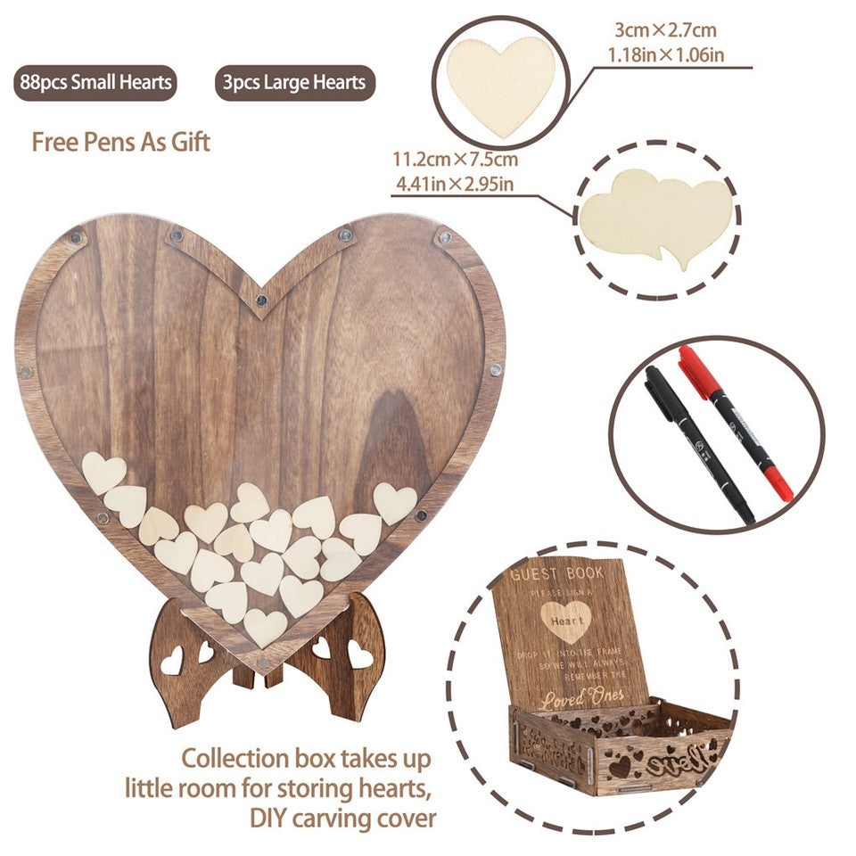 Other Wedding Decorations: Wedding Guest Book Alternative with Stand+Storage Box+88PCS Wooden Hearts+Pens