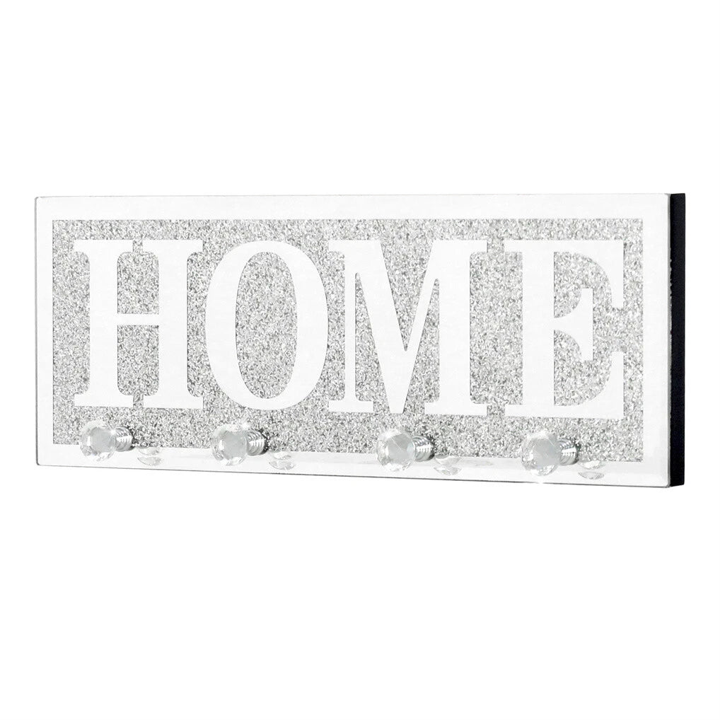 Crushed Diamond Mirrored Wall Mounted Key Hooks Storage Holder HOME Letter Sign Home Decor