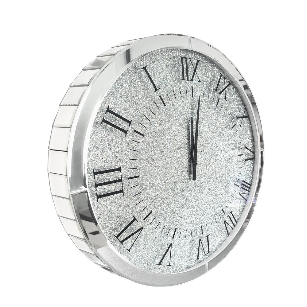 Clocks: Large Silver Wall Clock Twinkle Crushed Diamond Mirrored Clock With Beveled Edge