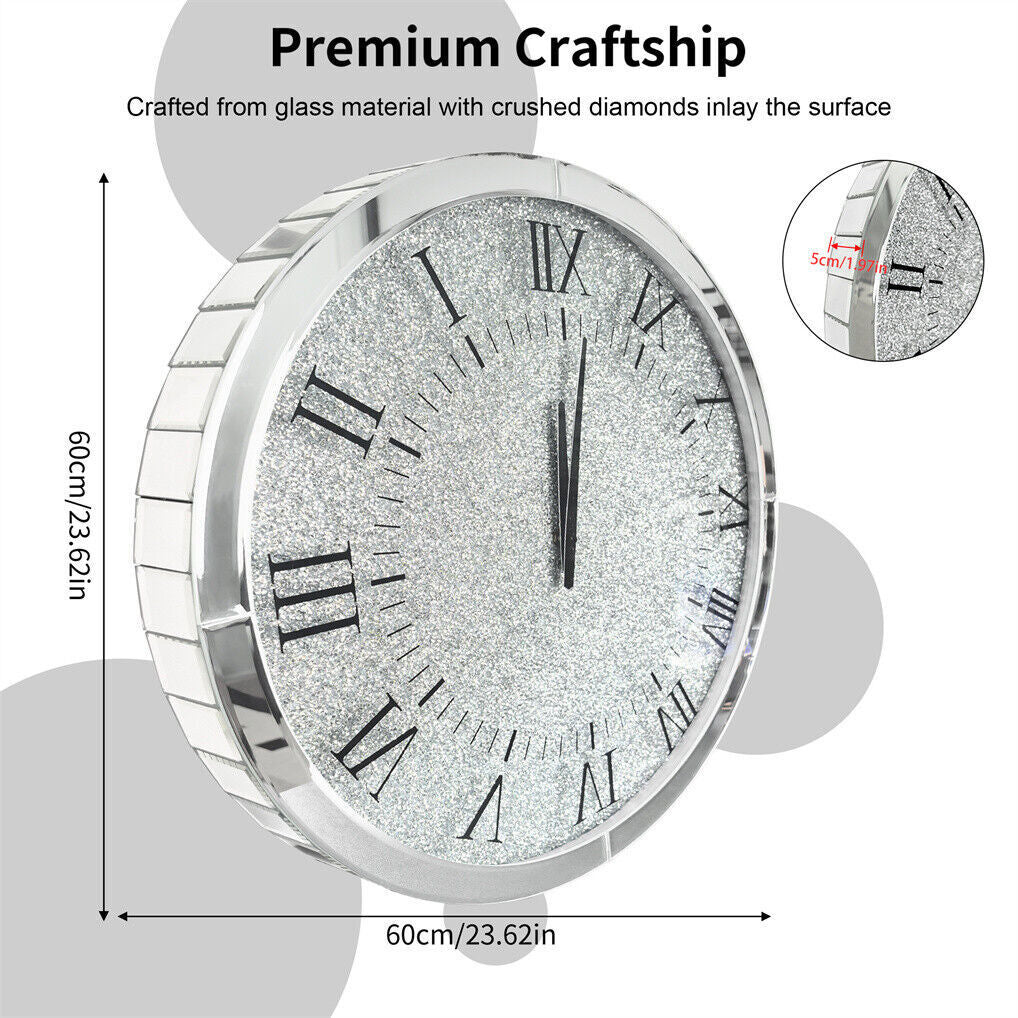 Clocks: Large Silver Wall Clock Twinkle Crushed Diamond Mirrored Clock With Beveled Edge
