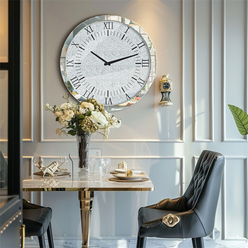 Clocks: Large Silver Wall Clock Twinkle Crushed Diamond Mirrored Clock With Beveled Edge