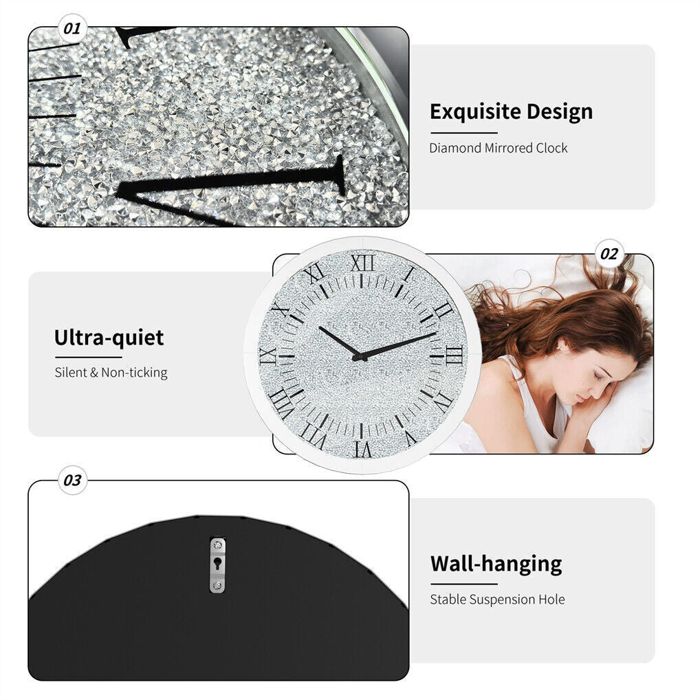 Clocks: Large Silver Wall Clock Twinkle Crushed Diamond Mirrored Clock With Beveled Edge