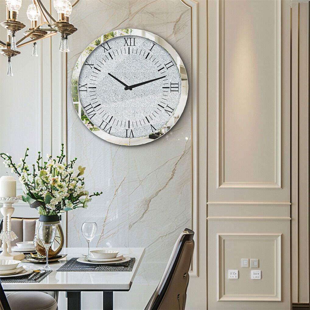 Clocks: Large Silver Wall Clock Twinkle Crushed Diamond Mirrored Clock With Beveled Edge