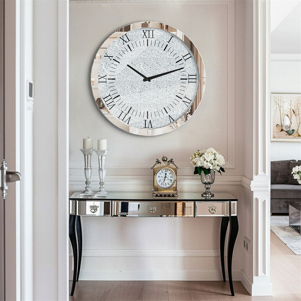 Clocks: Large Silver Wall Clock Twinkle Crushed Diamond Mirrored Clock With Beveled Edge