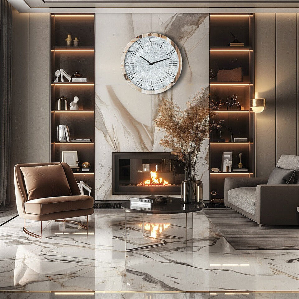 Clocks: Large Silver Wall Clock Twinkle Crushed Diamond Mirrored Clock With Beveled Edge