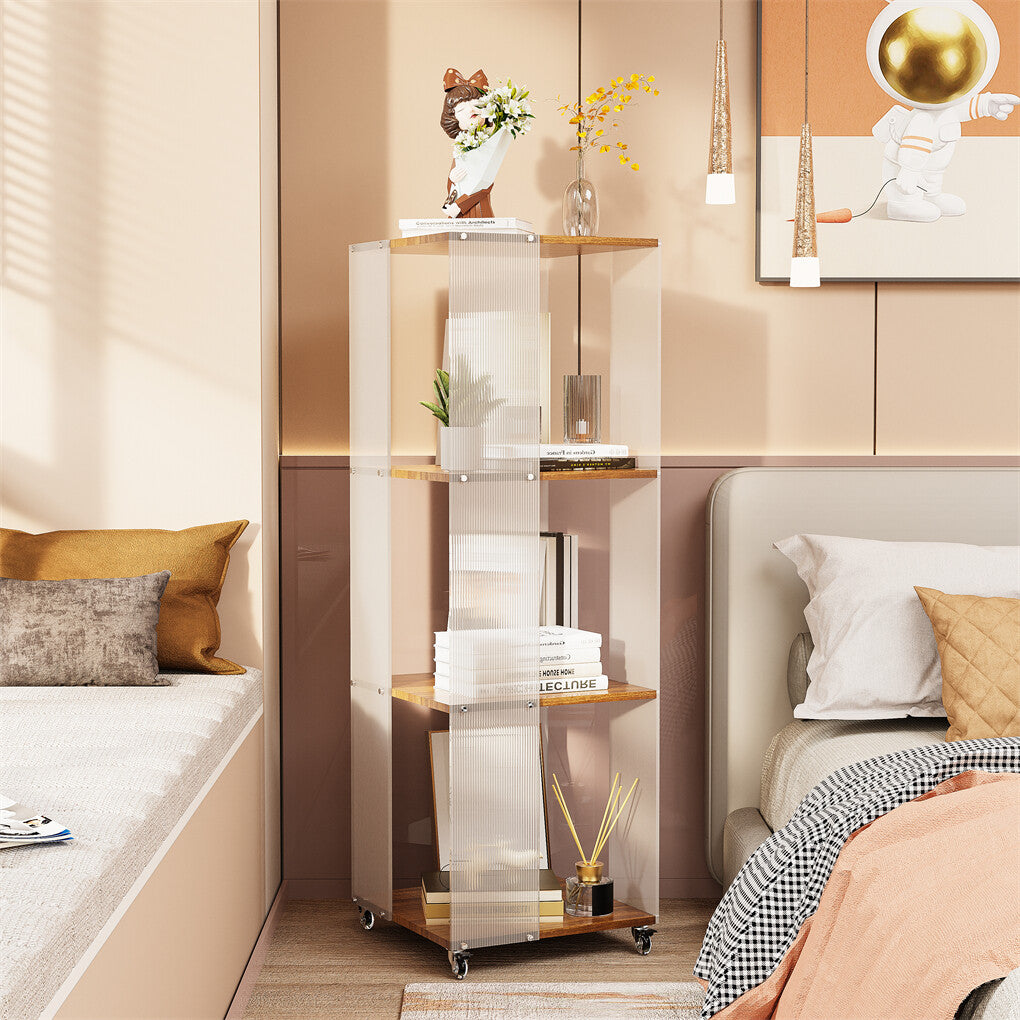 Bookcases & Shelves: 4-Tiered Floor Standing Storage Rack Acrylic Bookshelf with Crystal-like Casters