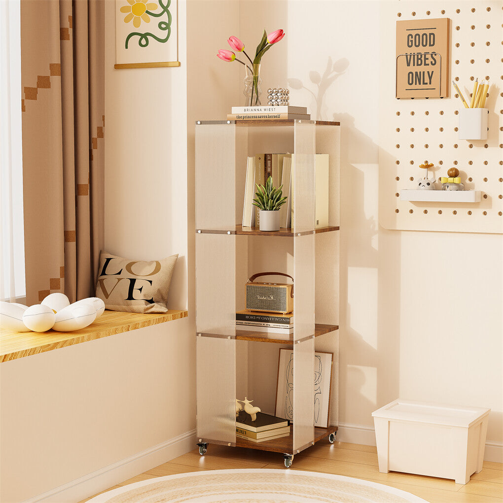 Bookcases & Shelves: 4-Tiered Floor Standing Storage Rack Acrylic Bookshelf with Crystal-like Casters