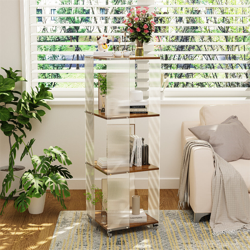 Bookcases & Shelves: 4-Tiered Floor Standing Storage Rack Acrylic Bookshelf with Crystal-like Casters