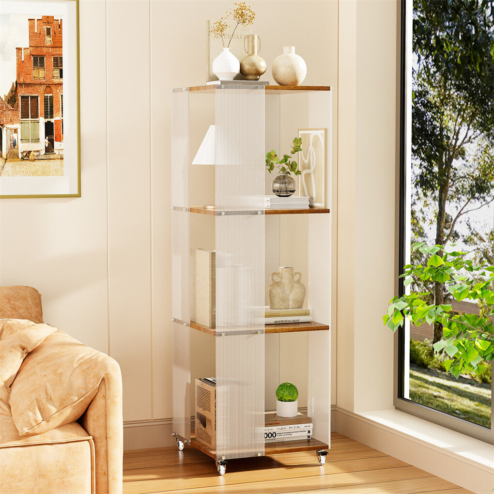 Bookcases & Shelves: 4-Tiered Floor Standing Storage Rack Acrylic Bookshelf with Crystal-like Casters