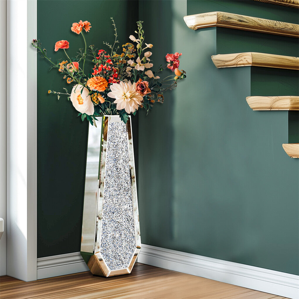 Vases & Table Decor: Silver Mirrored Floor Vase Luxury Diamond Flower Vase Living Room Home Office