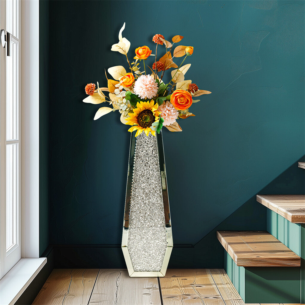 Vases & Table Decor: Silver Mirrored Floor Vase Luxury Diamond Flower Vase Living Room Home Office