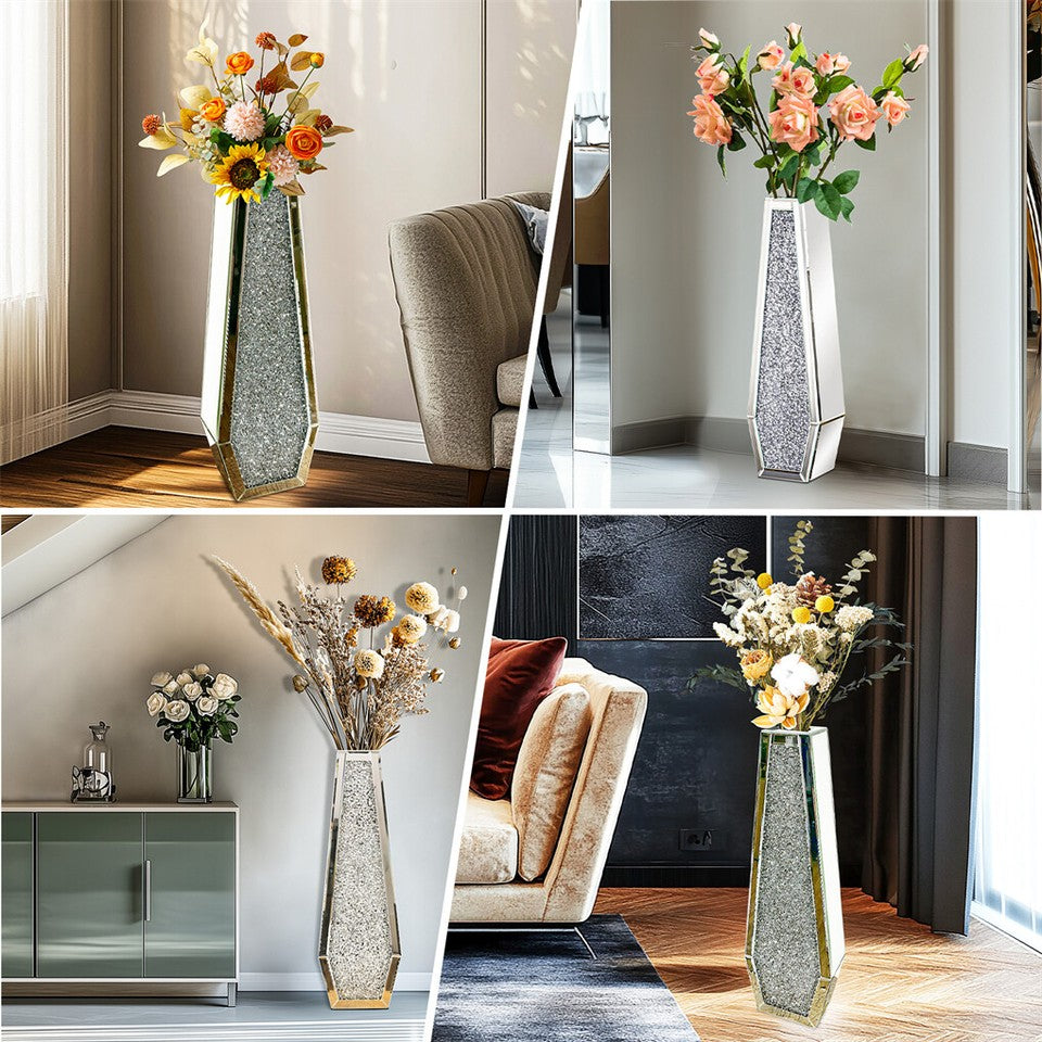 Vases & Table Decor: Silver Mirrored Floor Vase Luxury Diamond Flower Vase Living Room Home Office