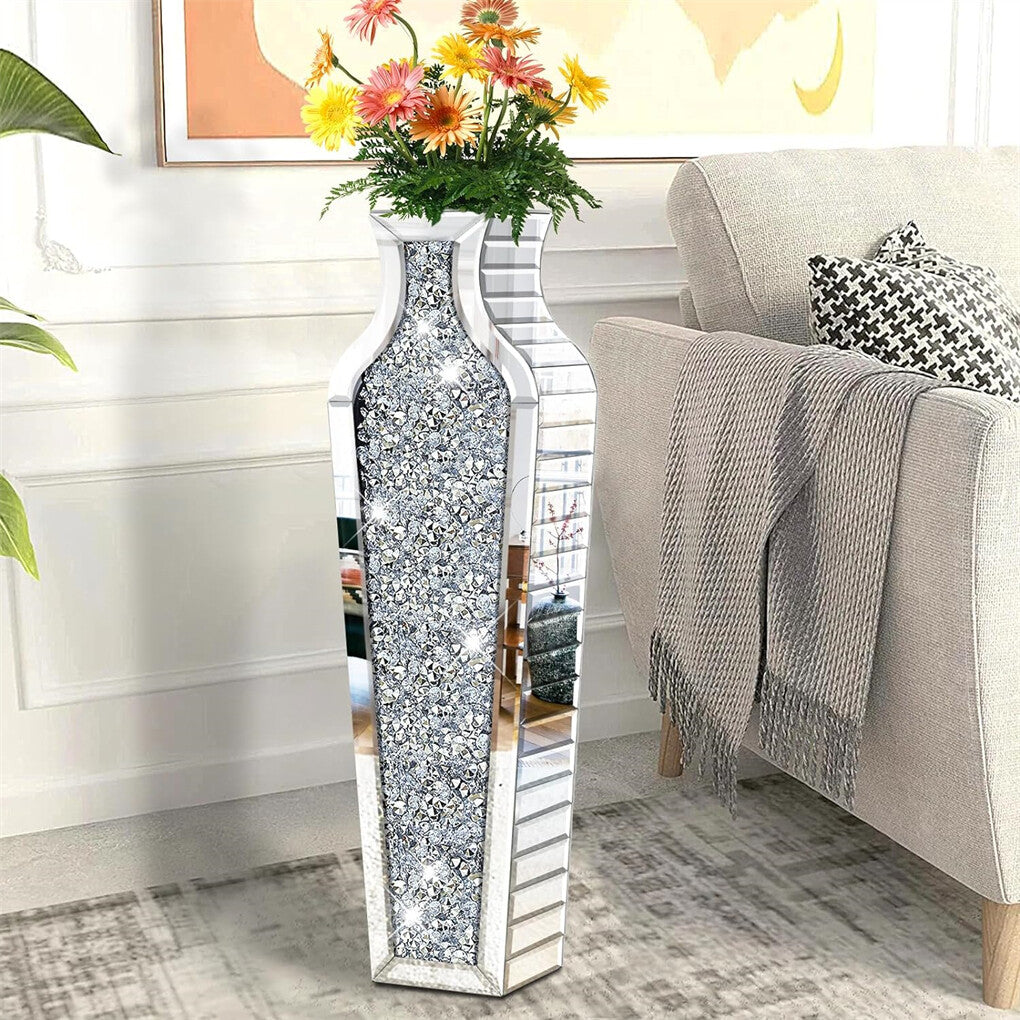 Vases & Table Decor: Sparkling Crushed Diamond Mirrored Floor Vase Tall Silver Glass Fake Flower Vase