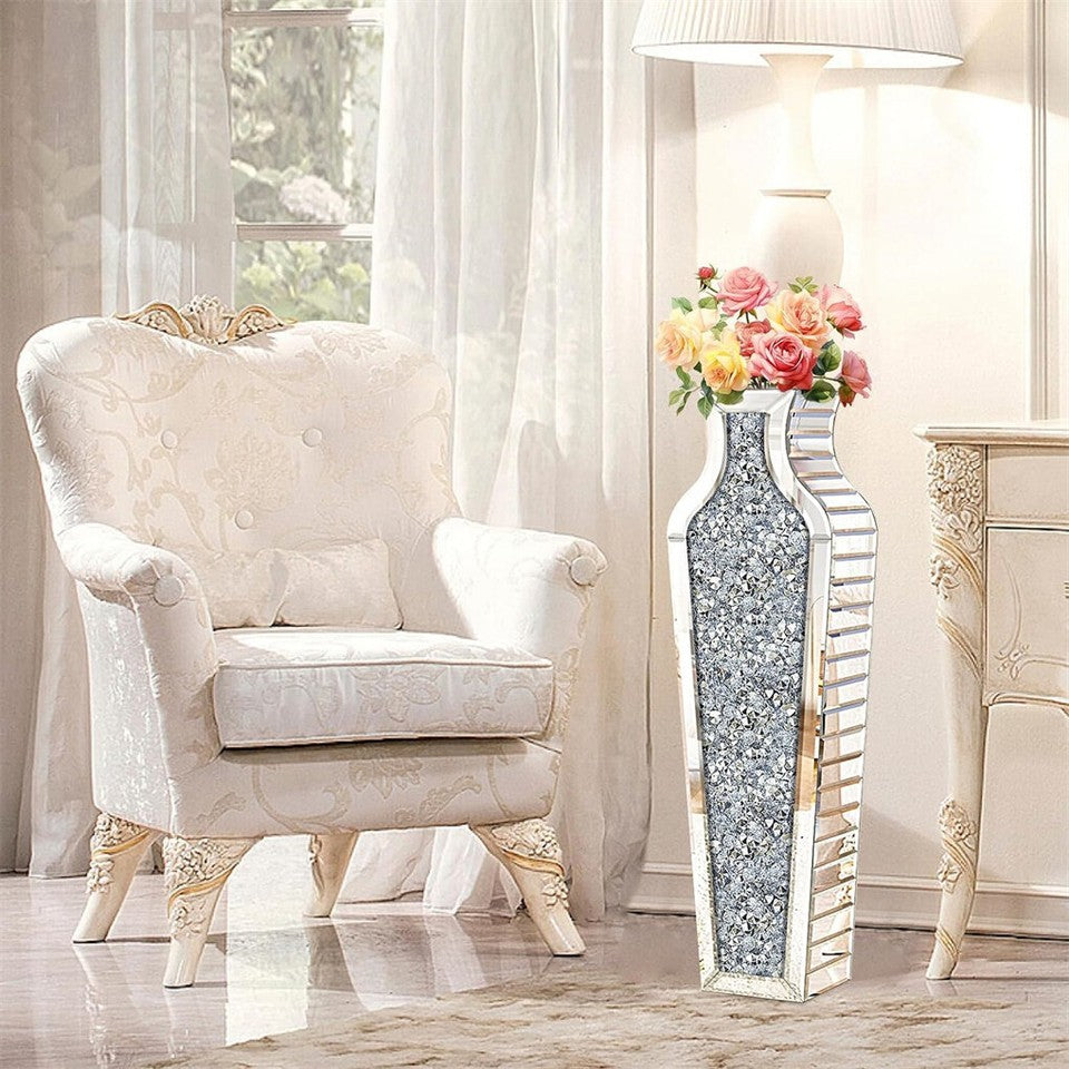 Vases & Table Decor: Sparkling Crushed Diamond Mirrored Floor Vase Tall Silver Glass Fake Flower Vase