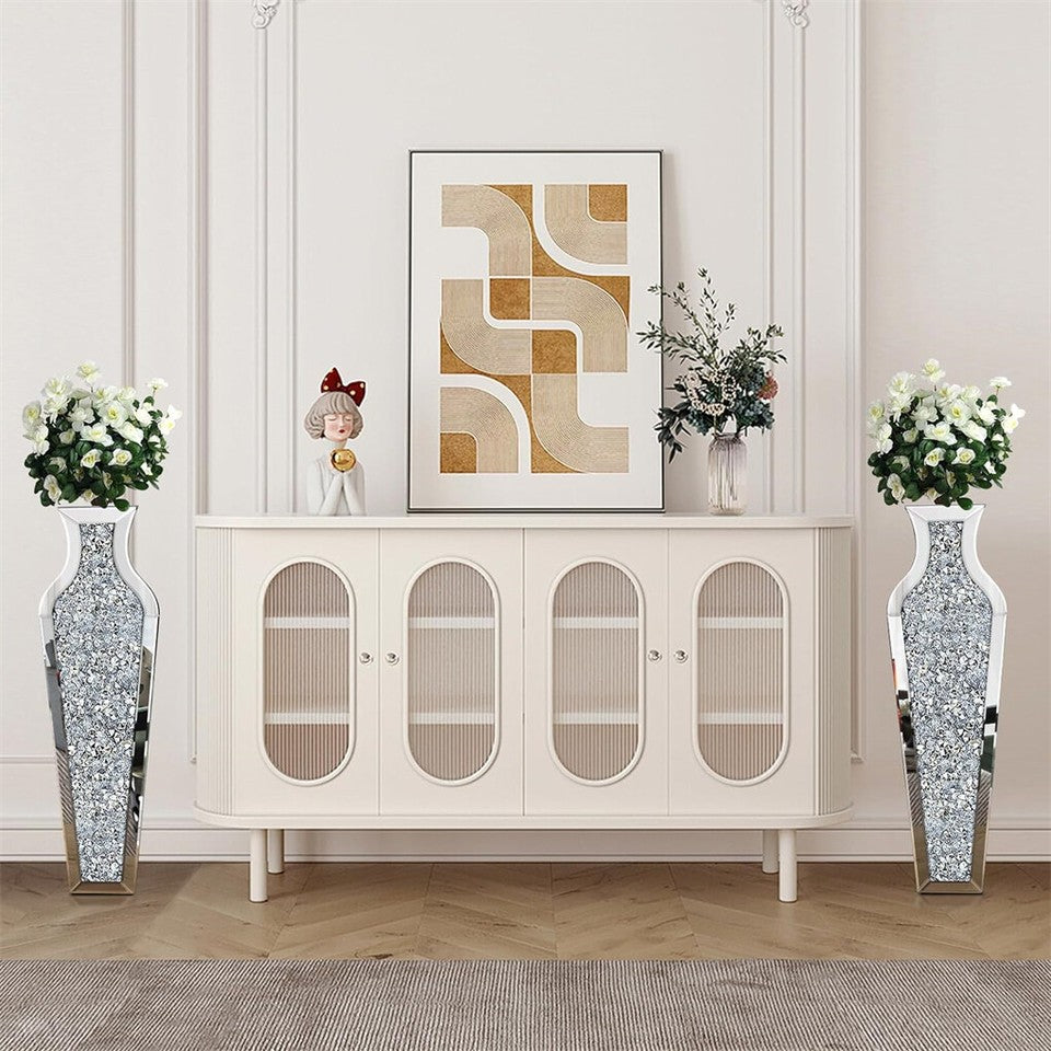 Vases & Table Decor: Sparkling Crushed Diamond Mirrored Floor Vase Tall Silver Glass Fake Flower Vase