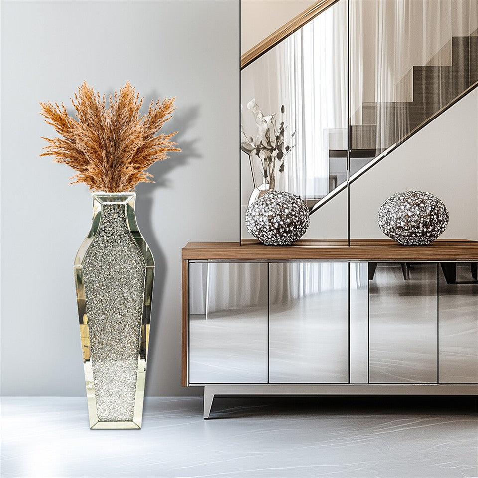 Vases & Table Decor: Sparkling Crushed Diamond Mirrored Floor Vase Tall Silver Glass Fake Flower Vase