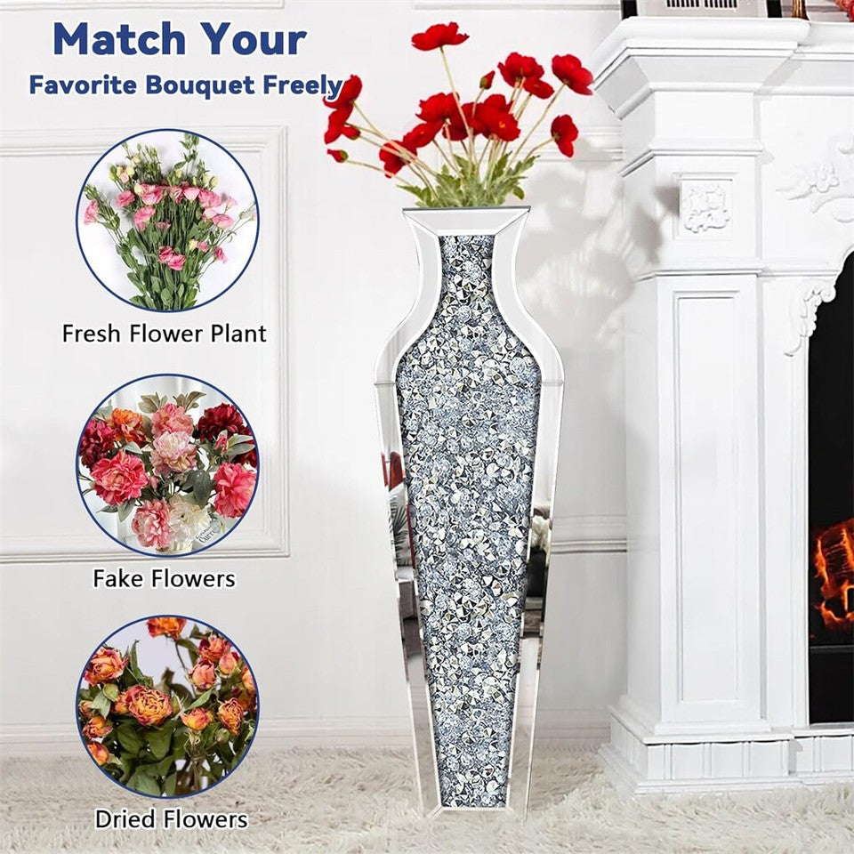 Vases & Table Decor: Sparkling Crushed Diamond Mirrored Floor Vase Tall Silver Glass Fake Flower Vase