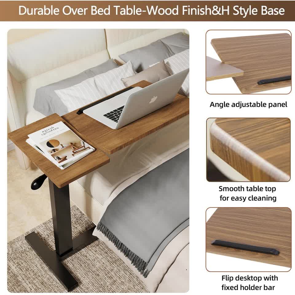 Premium height Adjustable Overbed Bedside Table With Wheels Solid Tilt Tray Table