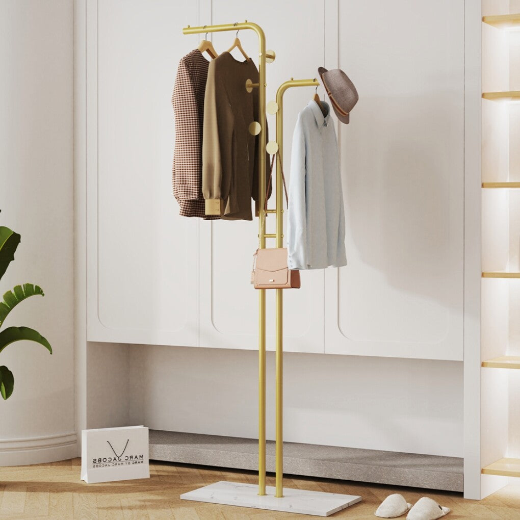 Coat Racks: Double Pole Metal Coat Rack with Marble Base - Free Standing Clothes and Hat Stand AU