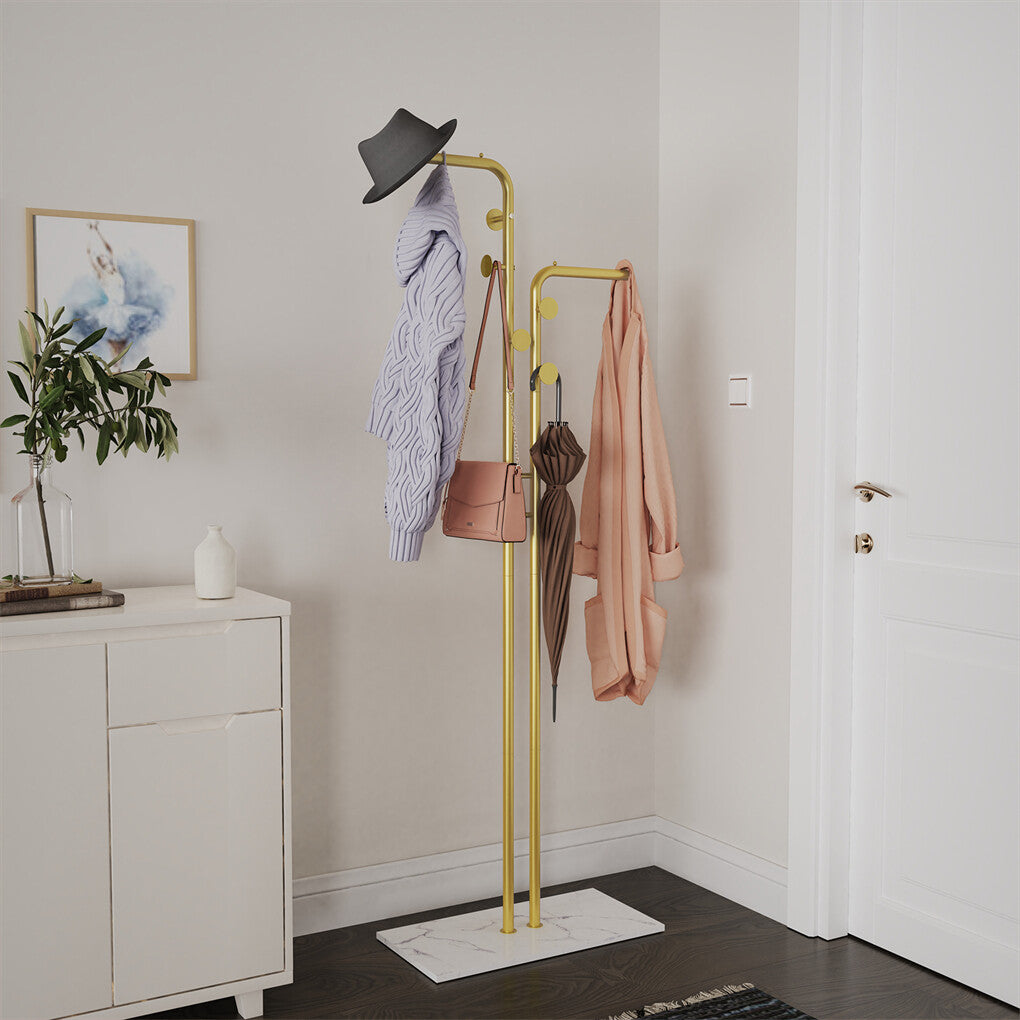 Coat Racks: Double Pole Metal Coat Rack with Marble Base - Free Standing Clothes and Hat Stand AU