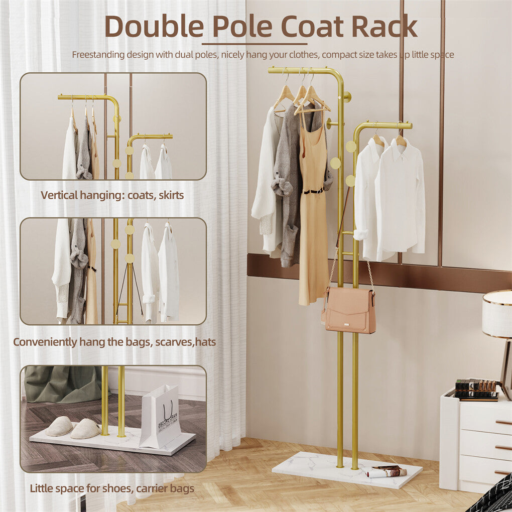 Coat Racks: Double Pole Metal Coat Rack with Marble Base - Free Standing Clothes and Hat Stand AU