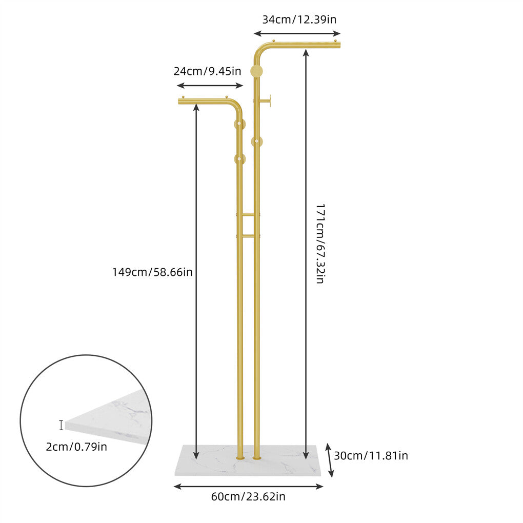 Coat Racks: Double Pole Metal Coat Rack with Marble Base - Free Standing Clothes and Hat Stand AU
