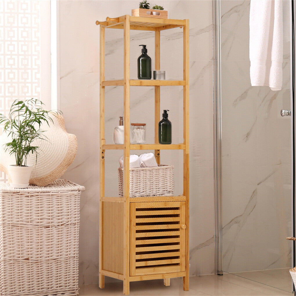 Bookcases & Shelves: Large Bathroom Floor Cabinet Bamboo Storage Cupboard Living Room w/ Hook & Shelf
