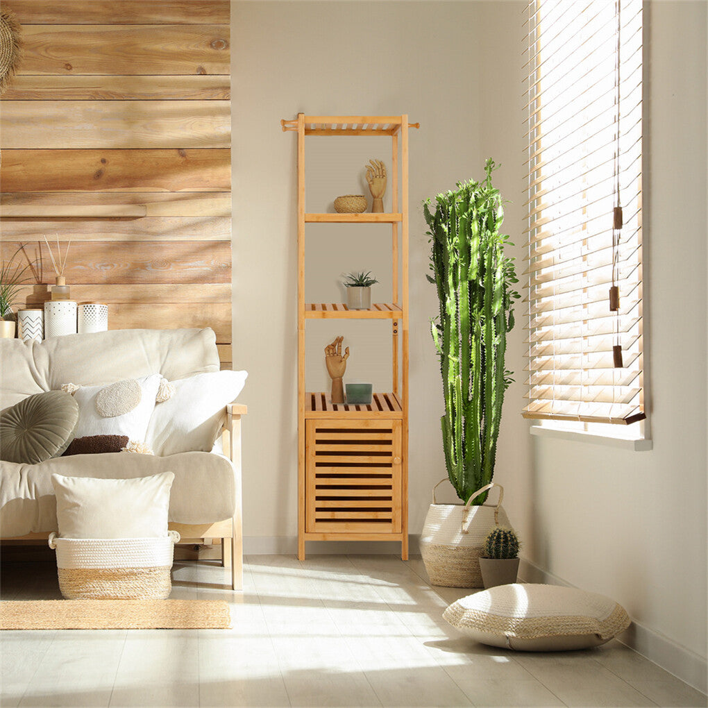 Bookcases & Shelves: Large Bathroom Floor Cabinet Bamboo Storage Cupboard Living Room w/ Hook & Shelf