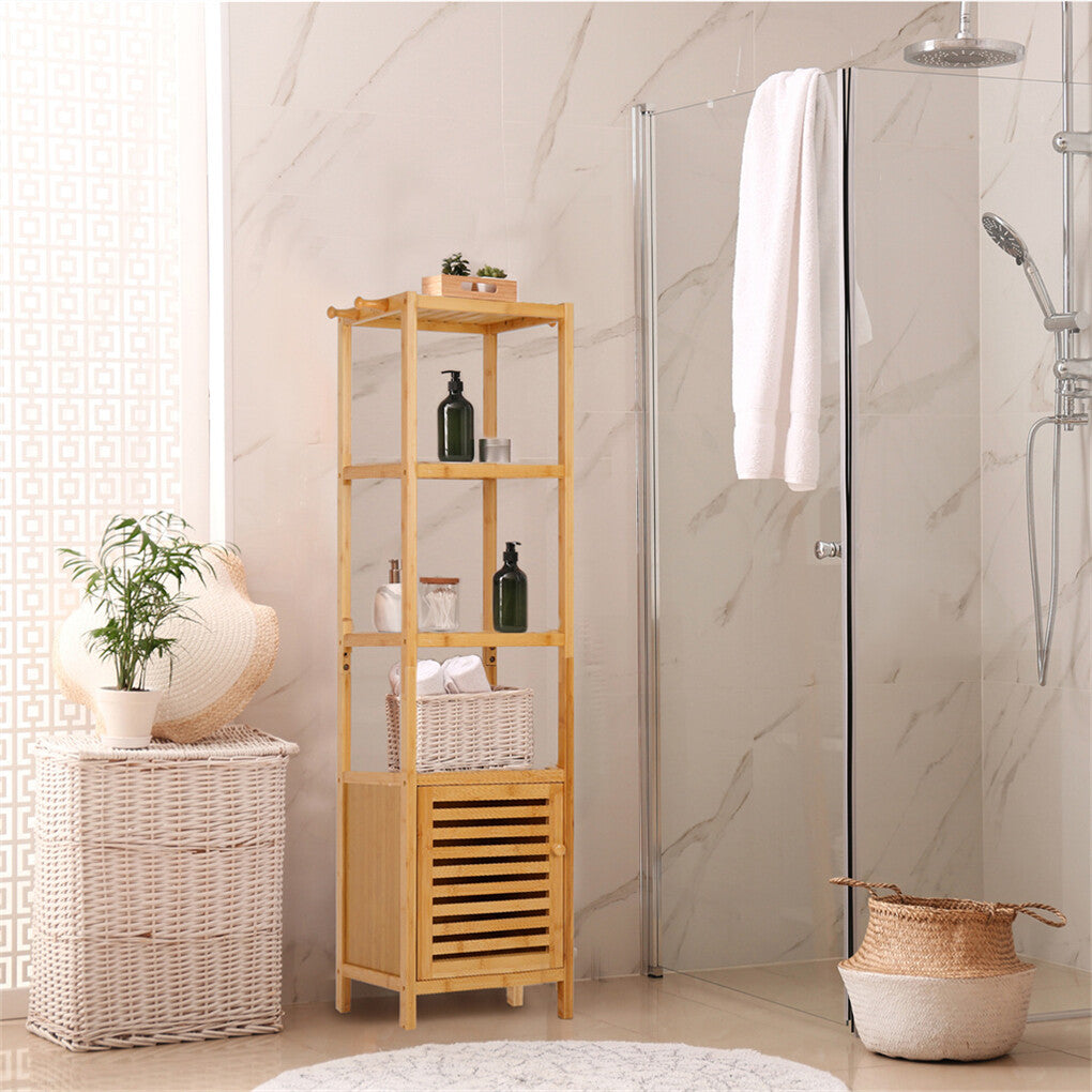 Bookcases & Shelves: Large Bathroom Floor Cabinet Bamboo Storage Cupboard Living Room w/ Hook & Shelf