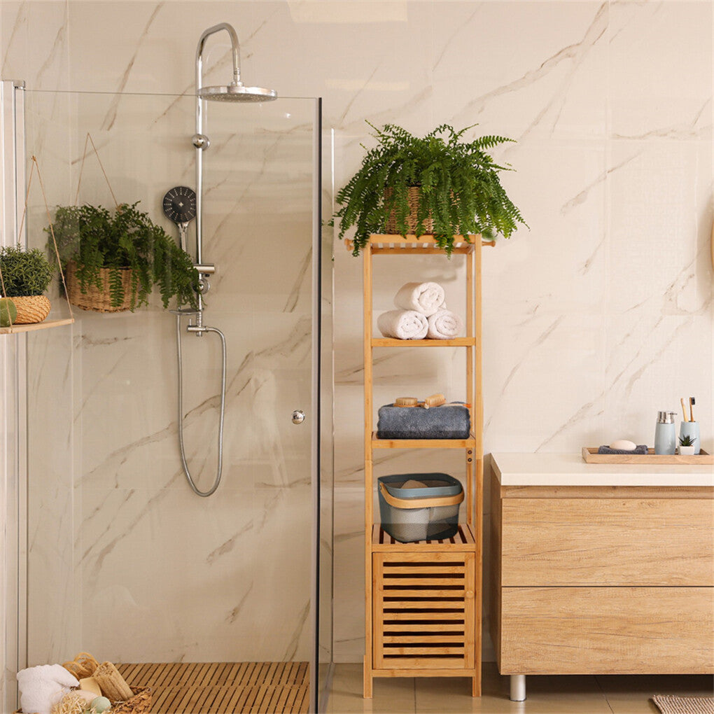 Bookcases & Shelves: Large Bathroom Floor Cabinet Bamboo Storage Cupboard Living Room w/ Hook & Shelf