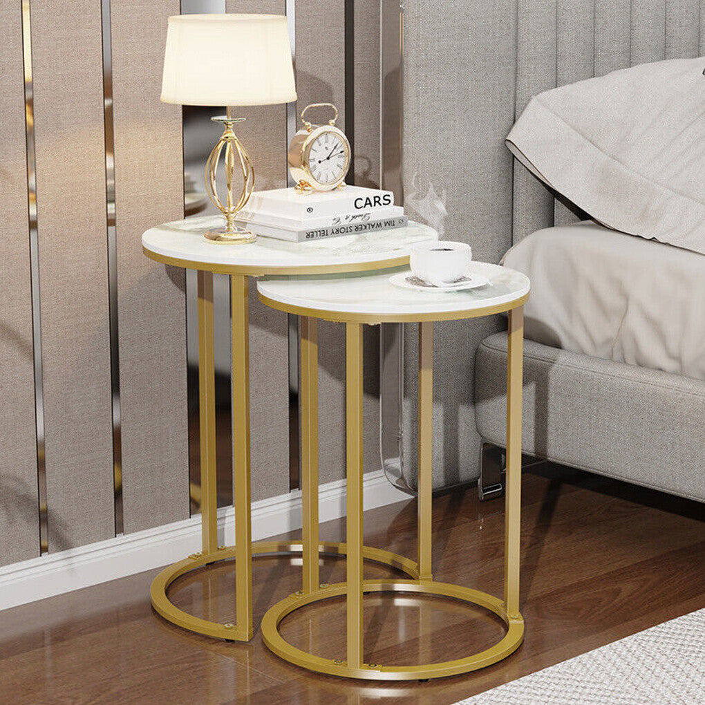 Side Tables: 2Pcs Gold Marble Nesting Side End Tables Round Small Stacking Drink Coffee Table