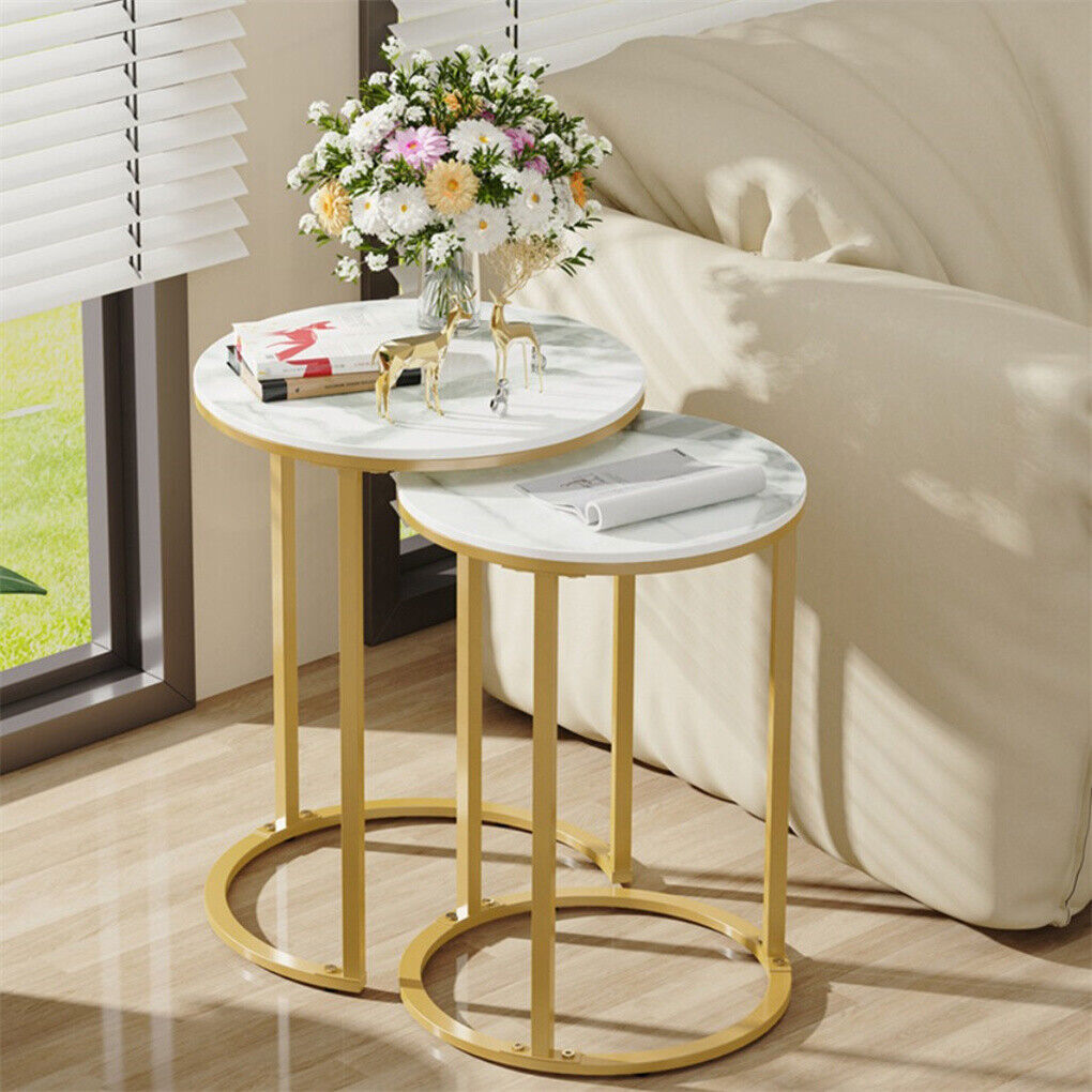 Side Tables: 2Pcs Gold Marble Nesting Side End Tables Round Small Stacking Drink Coffee Table