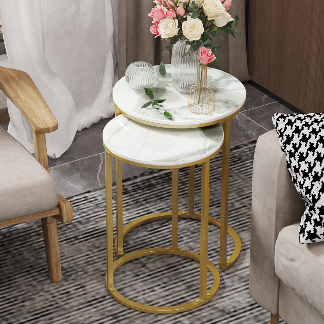 Side Tables: 2Pcs Gold Marble Nesting Side End Tables Round Small Stacking Drink Coffee Table