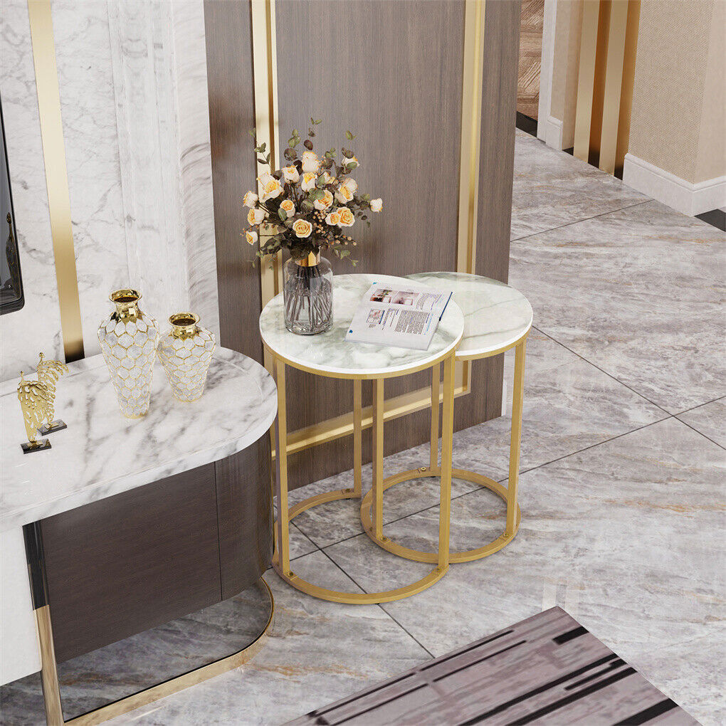 Side Tables: 2Pcs Gold Marble Nesting Side End Tables Round Small Stacking Drink Coffee Table